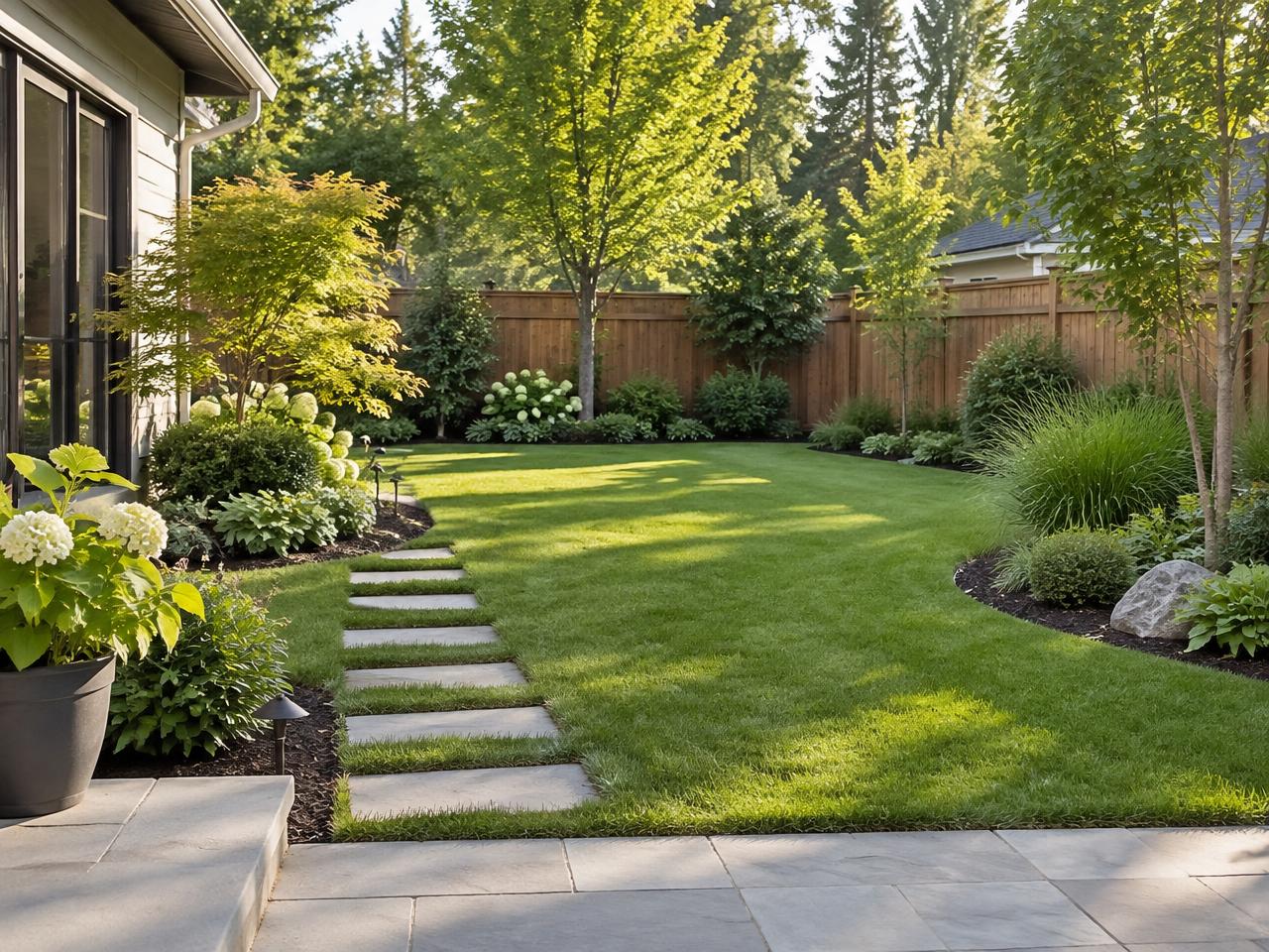 Tidy residential backyard with a green lawn, stepping stones and planted borders